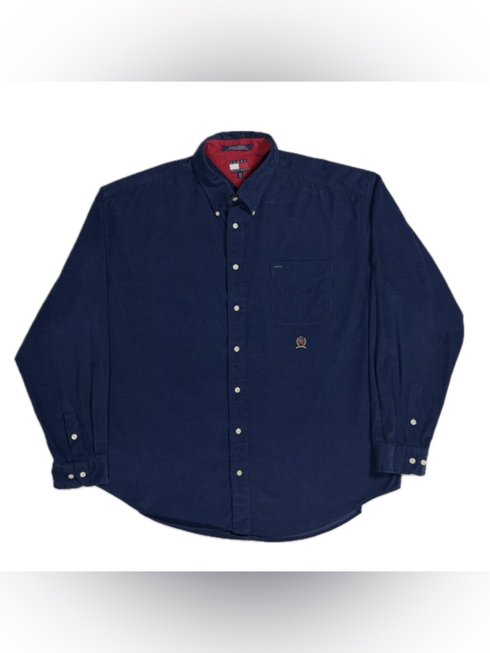 Vtg 90s Tommy Hilfiger Navy Blue Corduroy Crest Logo Button Down Shirt Men’s XXL